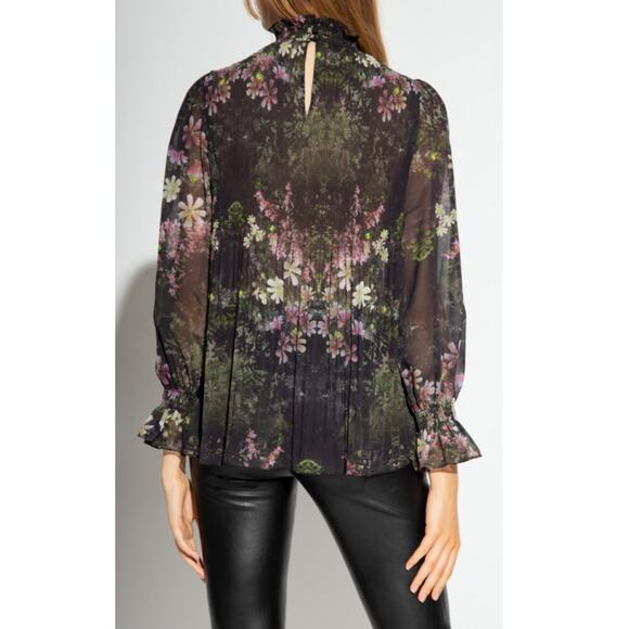 All Saints Cora Floral Top Pleated Blouse Sheer Black Ruffle Collar Neck Sz 4 - Picture 2 of 9